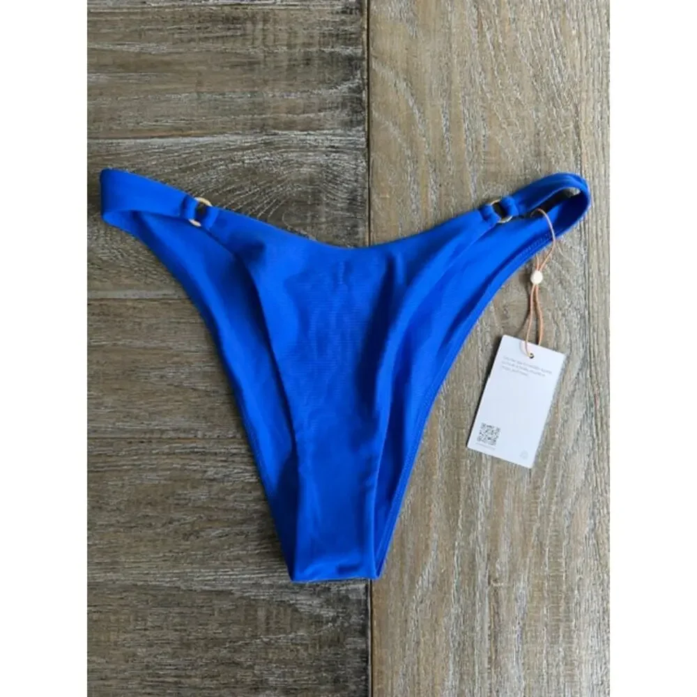 Quince NWT Italian High-Leg Ring Gold Ring Bikini Bottom Medium Electric Blue